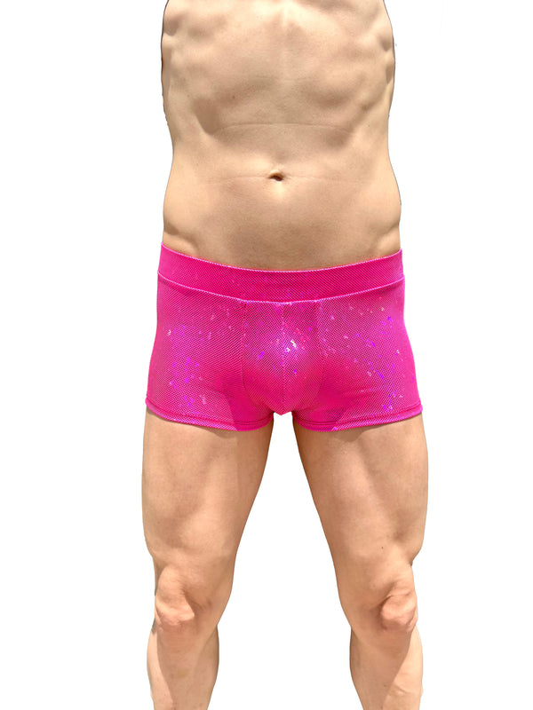 Disco Pink Booty Shorts With Front Pouch - Disco Ball - Made in The USA - Holographic Festival Clothing