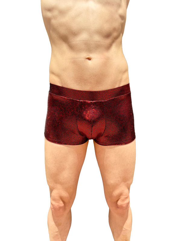 Disco Red Holographic Men's Booty Shorts With Front Pouch - Disco Ball