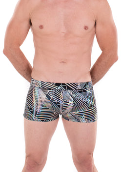 Disco Daze - Men's Booty Shorts, square cut holographic swim trunks