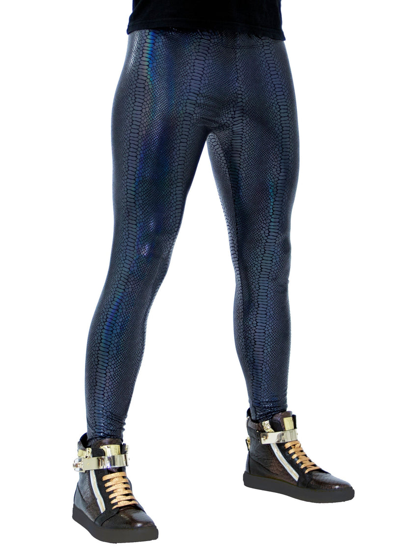 Snake Black: Holographic Iridescent Black Snake Skin Meggings - Wet Look Men's Leggings & Rave Gear