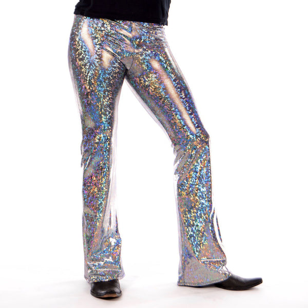 Disco Silver: Holographic Silver Mens Flares - 70's Mens Bell Bottoms