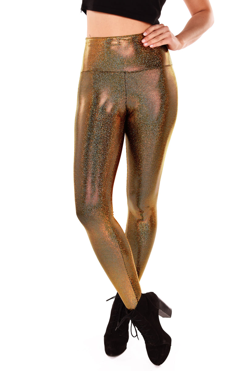 Women's Sparkle Gold Holographic Iridescent Leggings - Disco Dames - Disco Ball