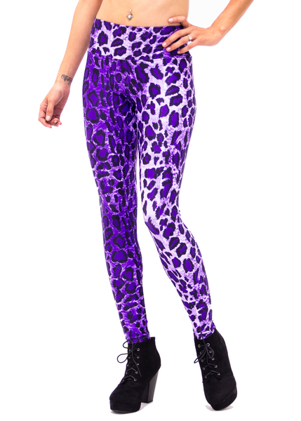 Women's Purple Leopard Print Leggings: UV Black Light Reactive