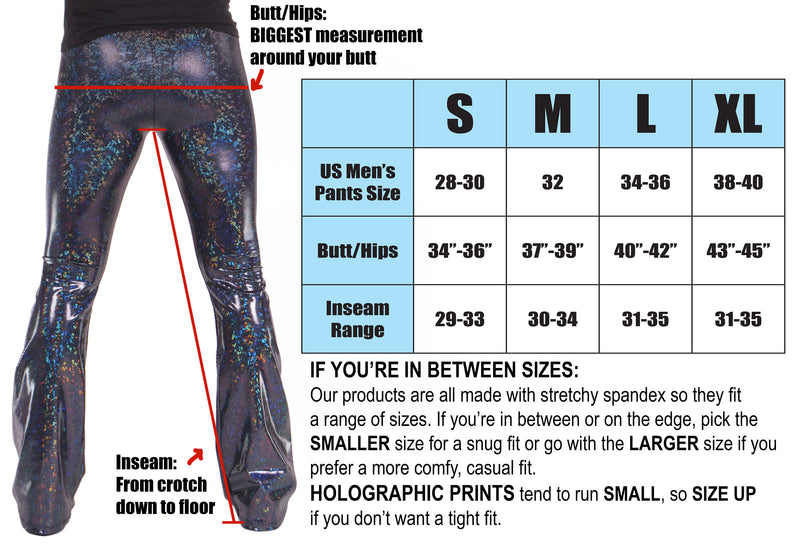Snake Black: Holographic Iridescent Mens Flare Pants - Snake Skin Print Bell Bottoms