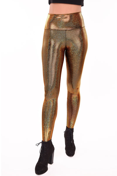 Women's Sparkle Gold Holographic Iridescent Leggings - Disco Dames