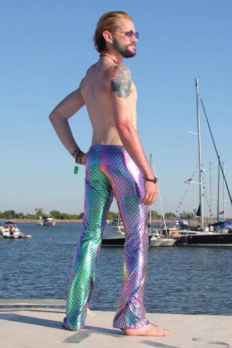 Fish Green Mermaid: Mens Holographic Green-Gold-Purple Merman Flared Pants - Aqua Merman Costume Flares