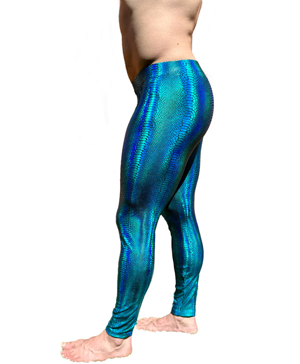 Snake Turquoise: Iridescent Turquoise Snake Skin Meggings - Men's Leggings & Rave Gear