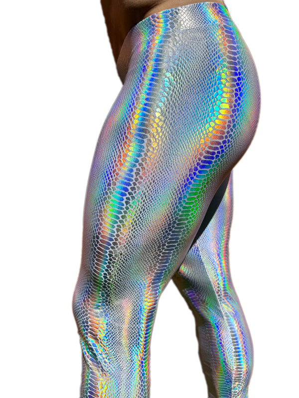 Snake White: Holographic Iridescent Pearl White Snake Skin Meggings - Men's Leggings & Rave Gear