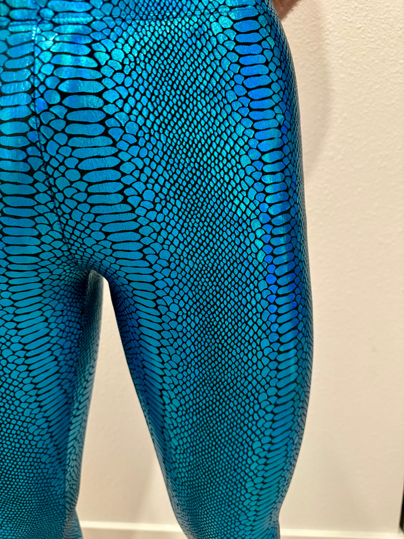 Snake Turquoise: Iridescent Turquoise Snake Skin Meggings - Men's Leggings & Rave Gear