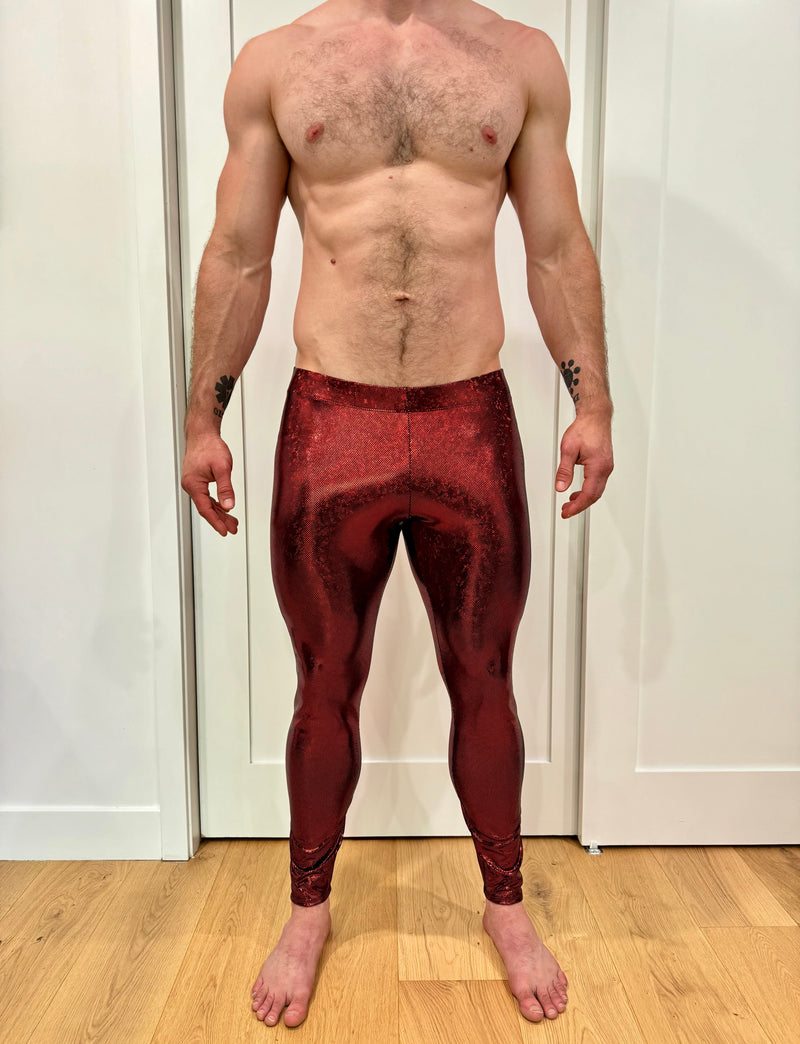 Disco Red: Holographic Disco Red Meggings - Mens Festival Leggings