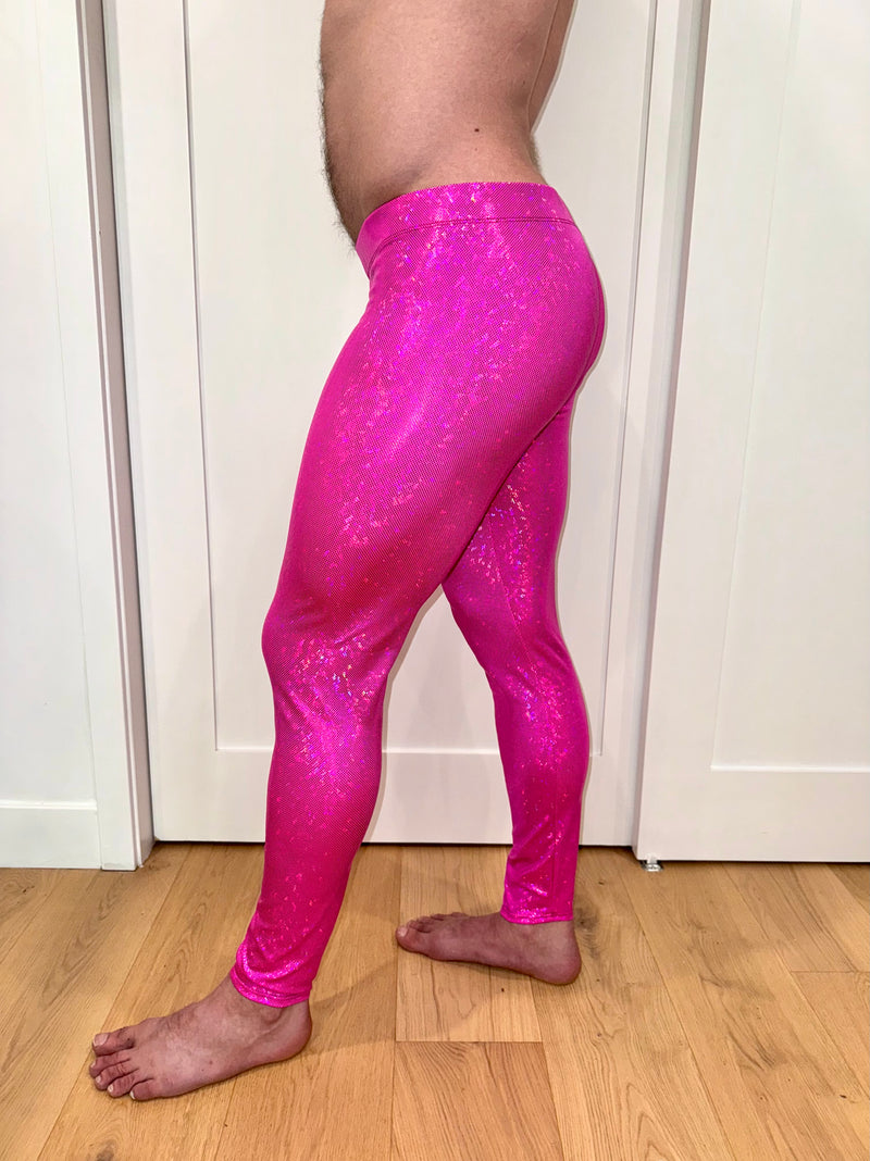 Disco Pink: Holographic Disco Pink Meggings - Pink Party Mens Leggings