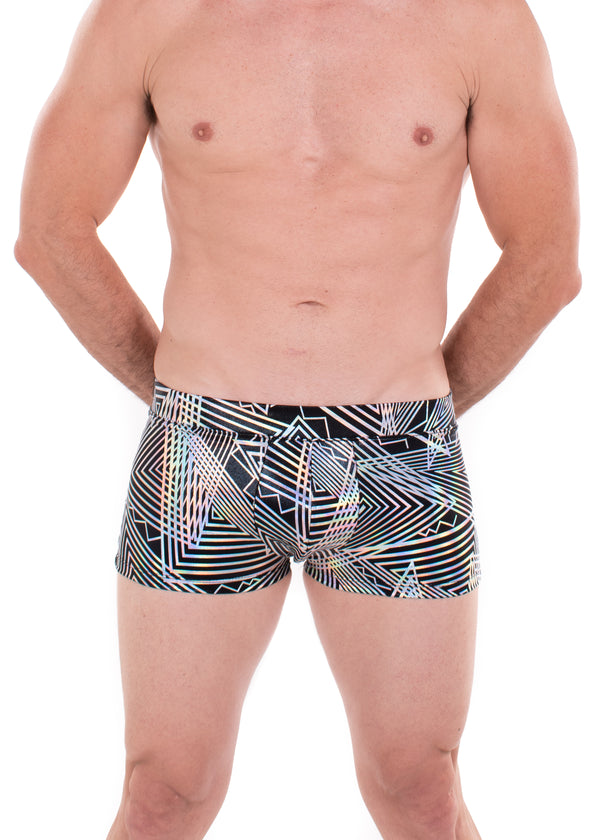 Disco Daze - Men's Booty Shorts, square cut holographic swim trunks