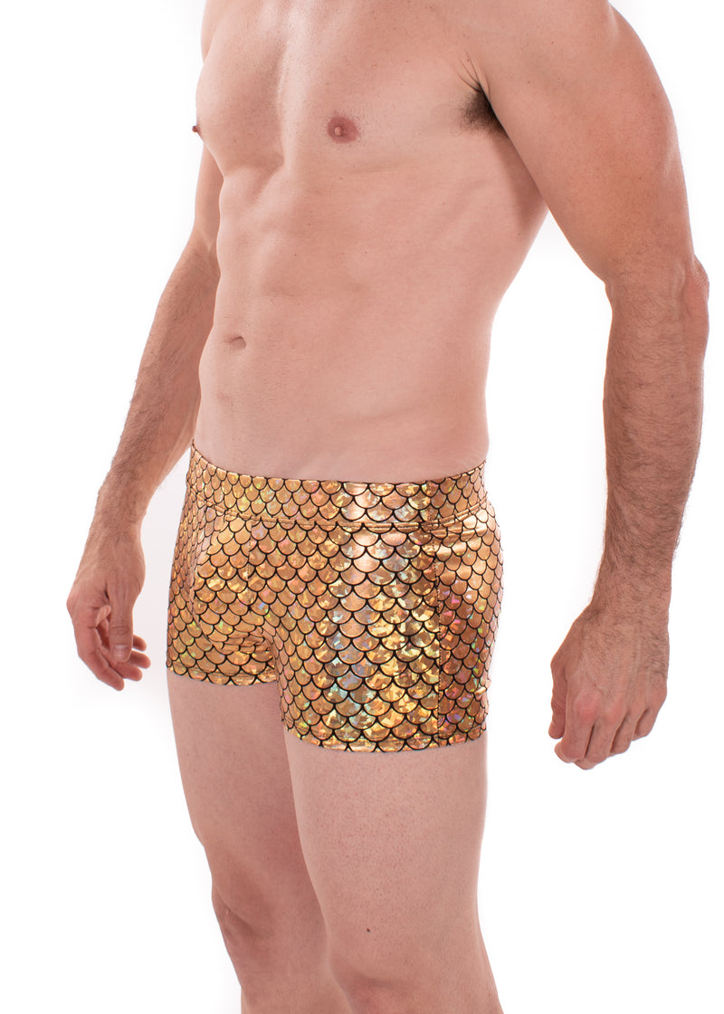 Gold Merman - Men's Pouch Booty Shorts // Disco Fish Scale Square Front Swim Trunks // Gold Fish