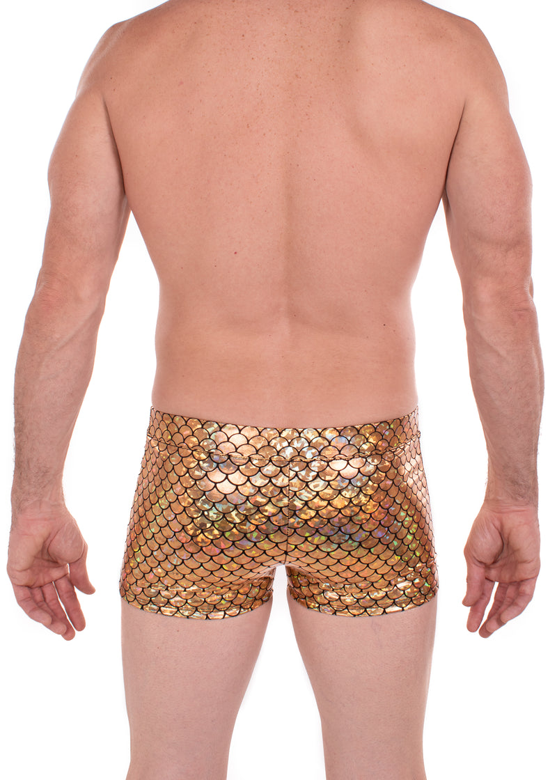 Gold Merman - Men's Pouch Booty Shorts // Disco Fish Scale Square Front Swim Trunks // Gold Fish