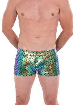 Green Merman - Men's Pouch Booty Shorts // Disco Fish Scale Square Front Swim Trunks
