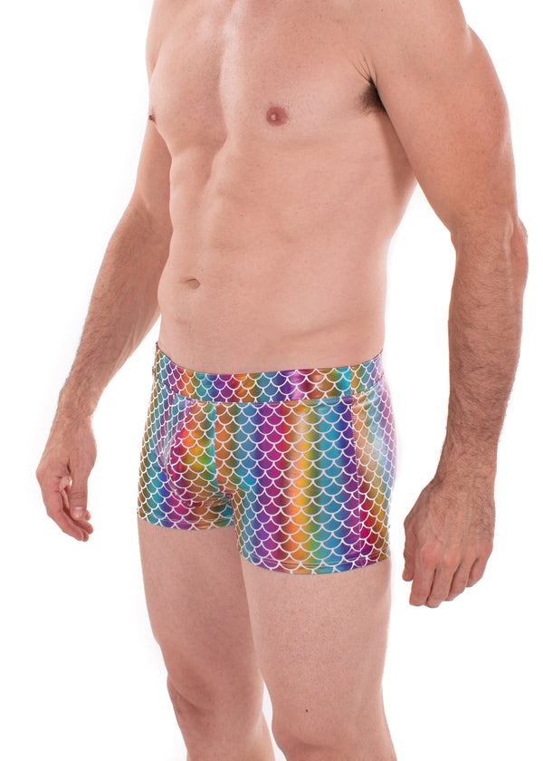 Holographic Rainbow Merman - Men's Pouch Booty Shorts // Disco Fish Scale Square Front Swim Trunks