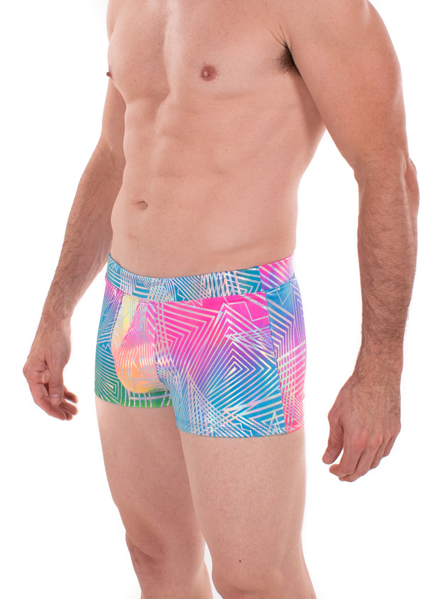 Rainbow Daze - & Rainbow Geo Men's Booty Shorts, square cut holographic swim trunks