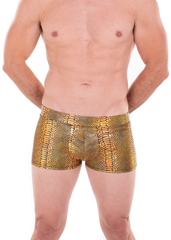 Snake GOLD Men's Pouch Booty Shorts // Snake Skin // Serpent Square Front Swim Trunks
