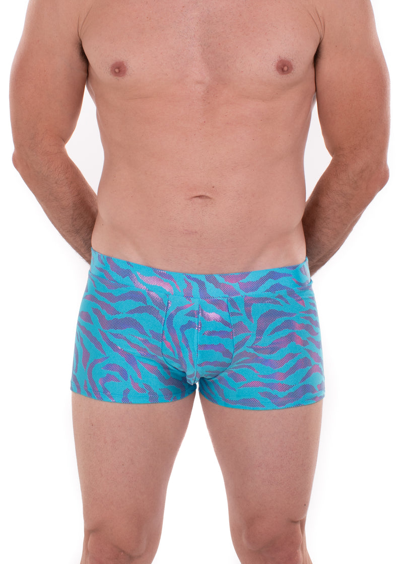 Tiger Neon Blue: Animal Print Brief Booty Shorts // Square Front Swim Trunks Festival Shorts