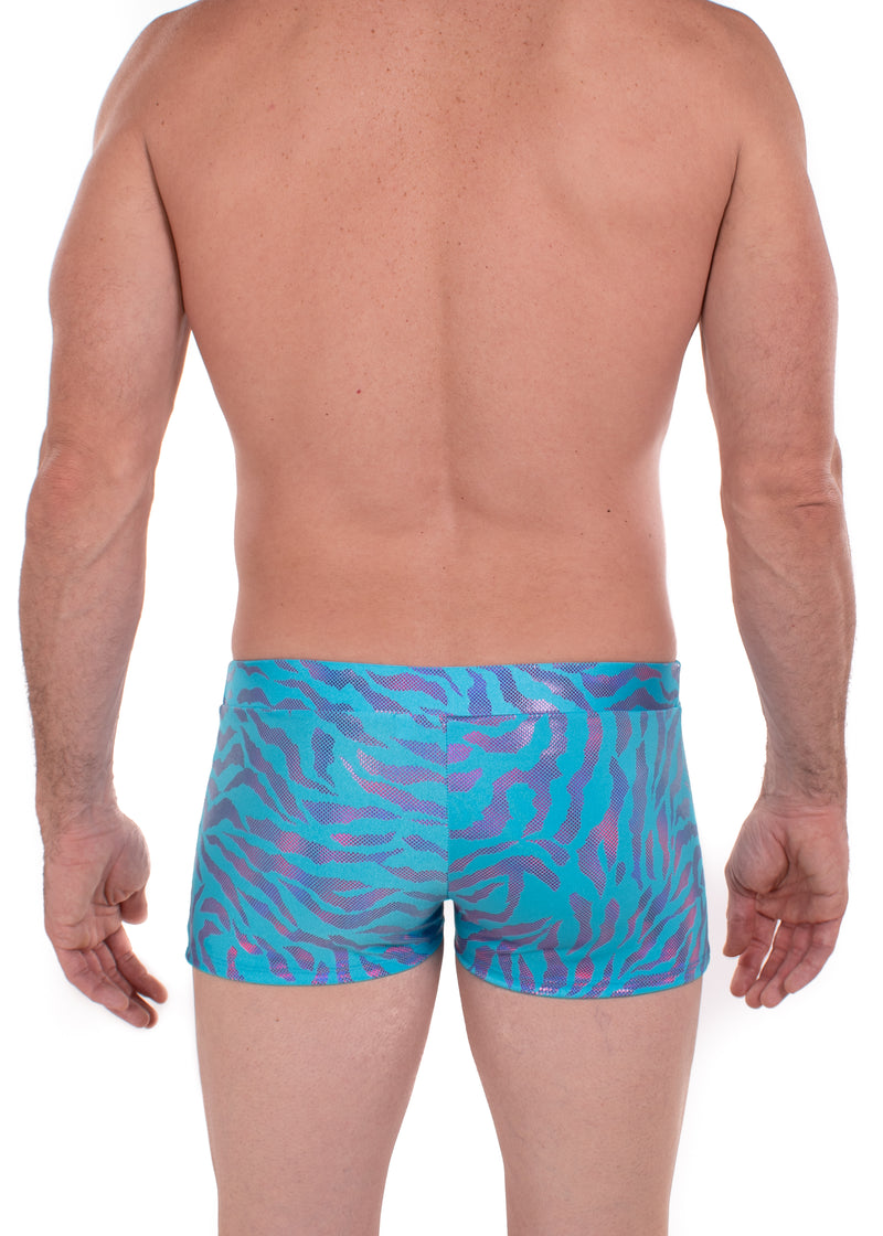 Tiger Neon Blue: Animal Print Brief Booty Shorts // Square Front Swim Trunks Festival Shorts