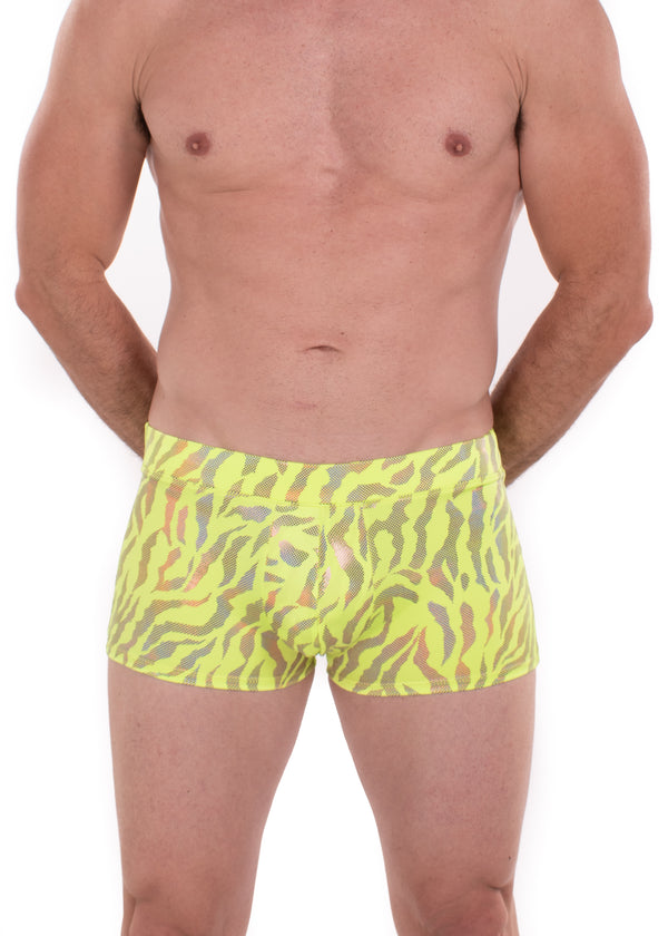 Tiger Neon Green: Animal Print Brief Booty Shorts // Square Front Swim Trunks Festival Shorts