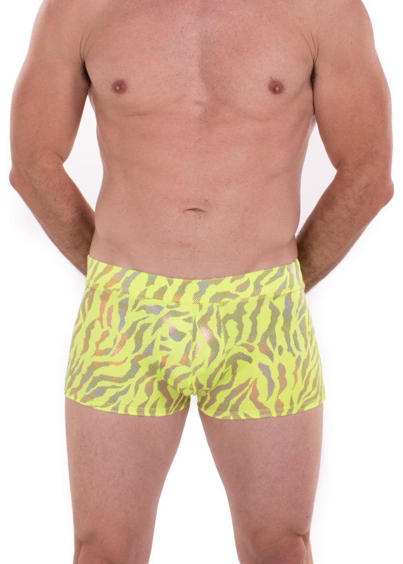 Tiger Neon Green: Animal Print Brief Booty Shorts // Square Front Swim Trunks Festival Shorts