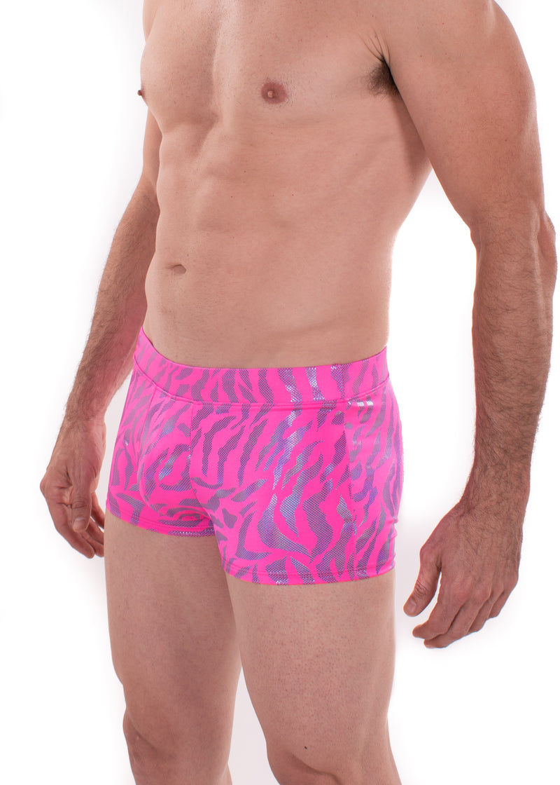 Tiger Neon Pink: Animal Print Brief Booty Shorts // Square Front Swim Trunks Festival Shorts