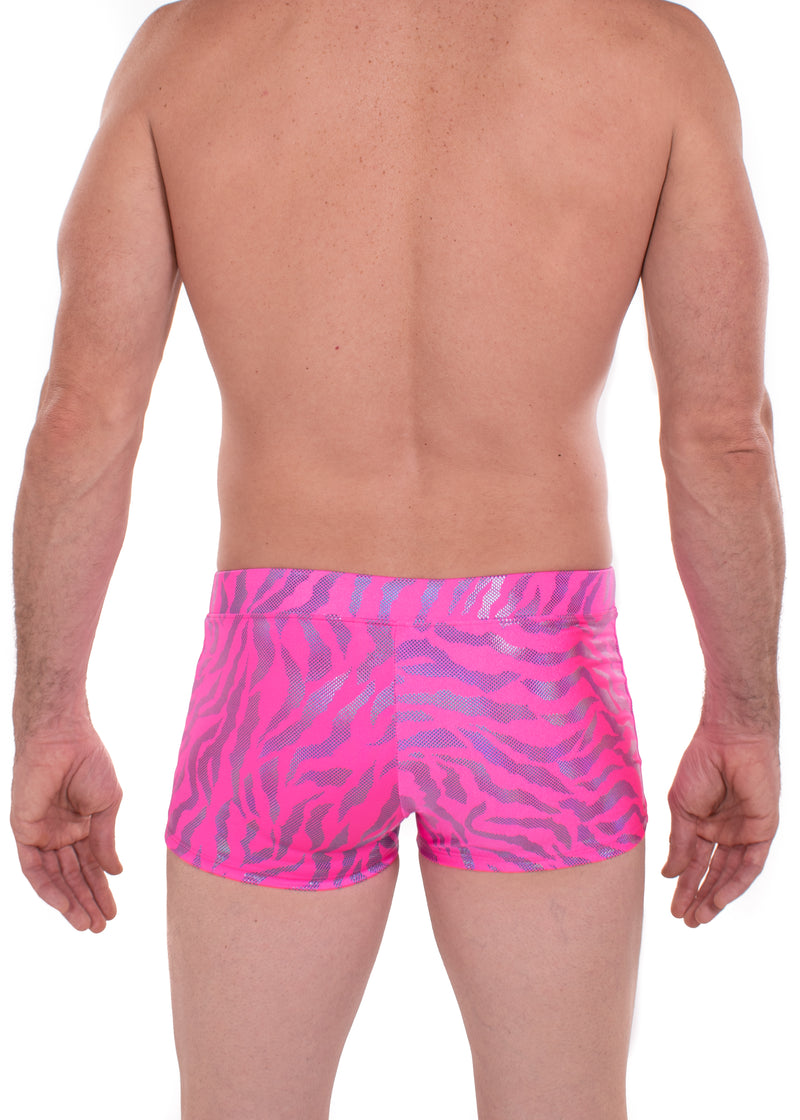 Tiger Neon Pink: Animal Print Brief Booty Shorts // Square Front Swim Trunks Festival Shorts