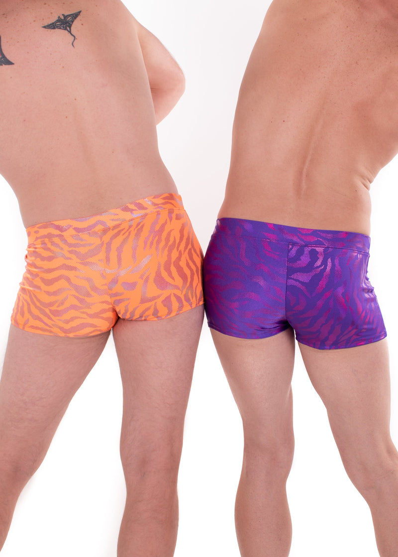 Tiger Neon Orange: Animal Print Brief Booty Shorts // Square Front Swim Trunks Festival Shorts