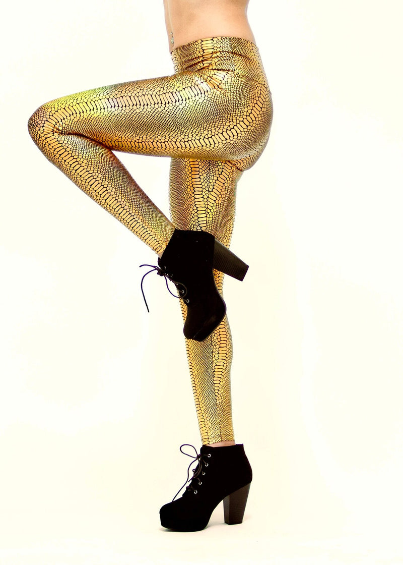 Holographic Gold Snake Print High Waisted Women's Leggings: Snake Skin// Animal Print