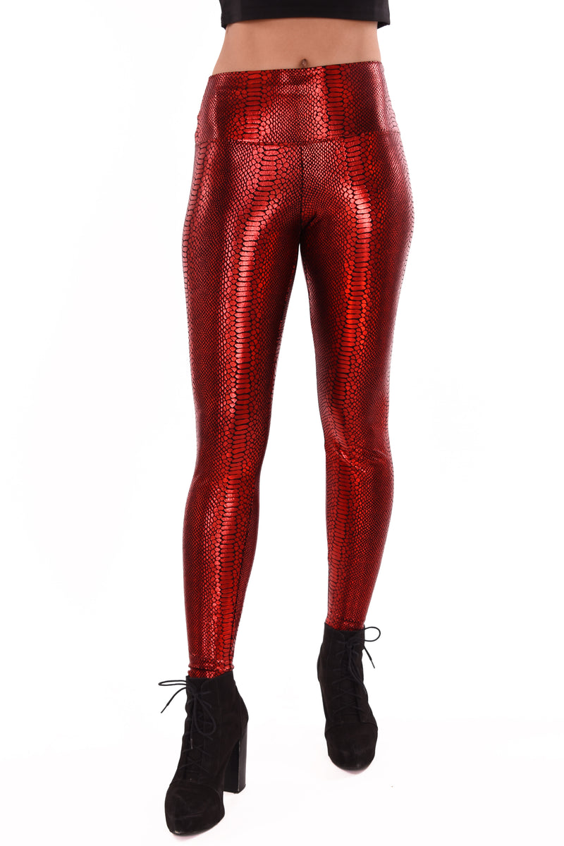 Women's Snake Red Printed Leggings - Iridescent Ruby Red Snake Skin Leggings - Women's Leggings & Rave Gear