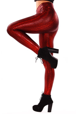 Women's Snake Red Printed Leggings - Iridescent Ruby Red Snake Skin Leggings - Women's Leggings & Rave Gear