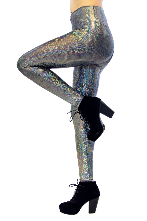 Women's Disco Silver Holographic Leggings - Dimensional Disco - Disco Ball