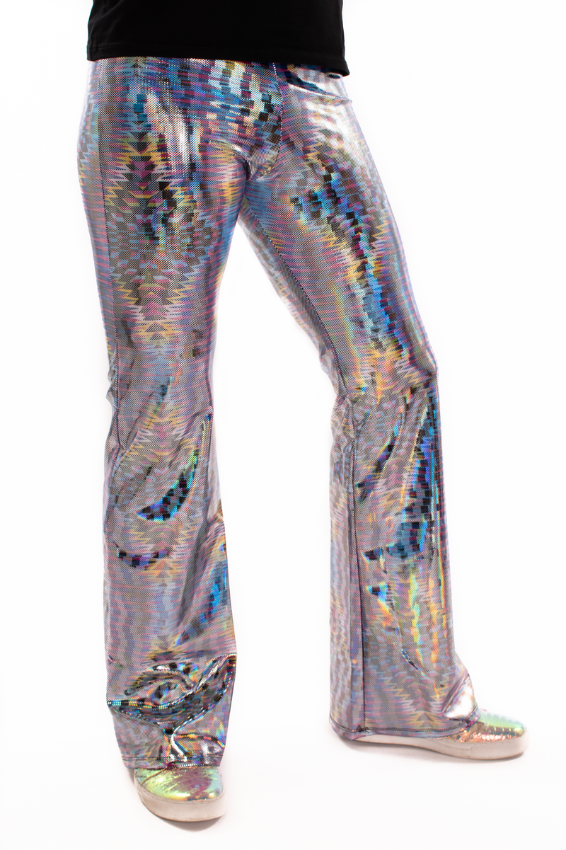 Dazzle Blue: UV Blacklight Reactive Men's Holographic Flared Pants - Trippy Bell Bottoms