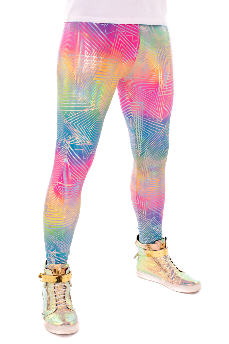 Rainbow Daze: Holographic Tie-Dye Rainbow Meggings - UV Blacklight Reactive Men's Leggings