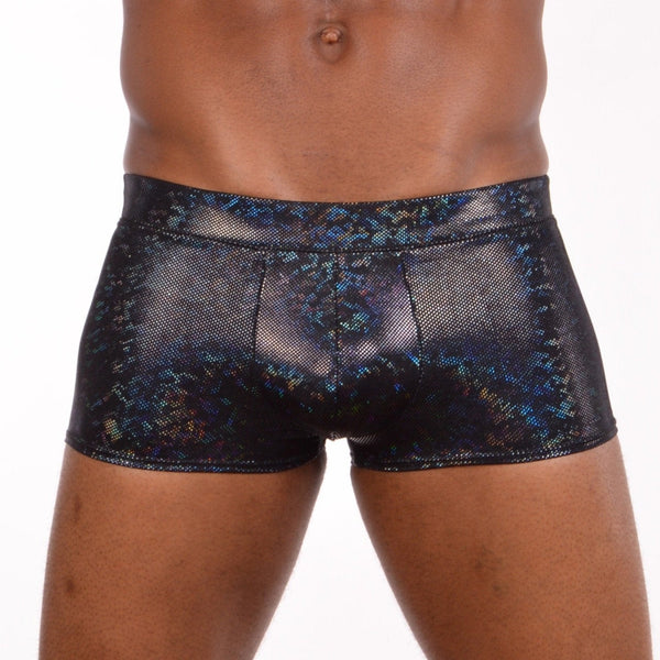 funstigators holographic black mens booty shorts featuring a front pouch and made from high quality black holographic spandex with a comfortable waistband. Great for groove cruise or atlantis cruise