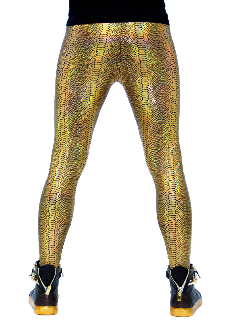 Snake Gold: Holographic Iridescent Golden Snake Skin Meggings - Men's Leggings & Rave Gear