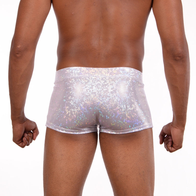 Disco White Booty Shorts With Front Pouch - Disco Ball - Made in The USA - Holographic Festival Clothing