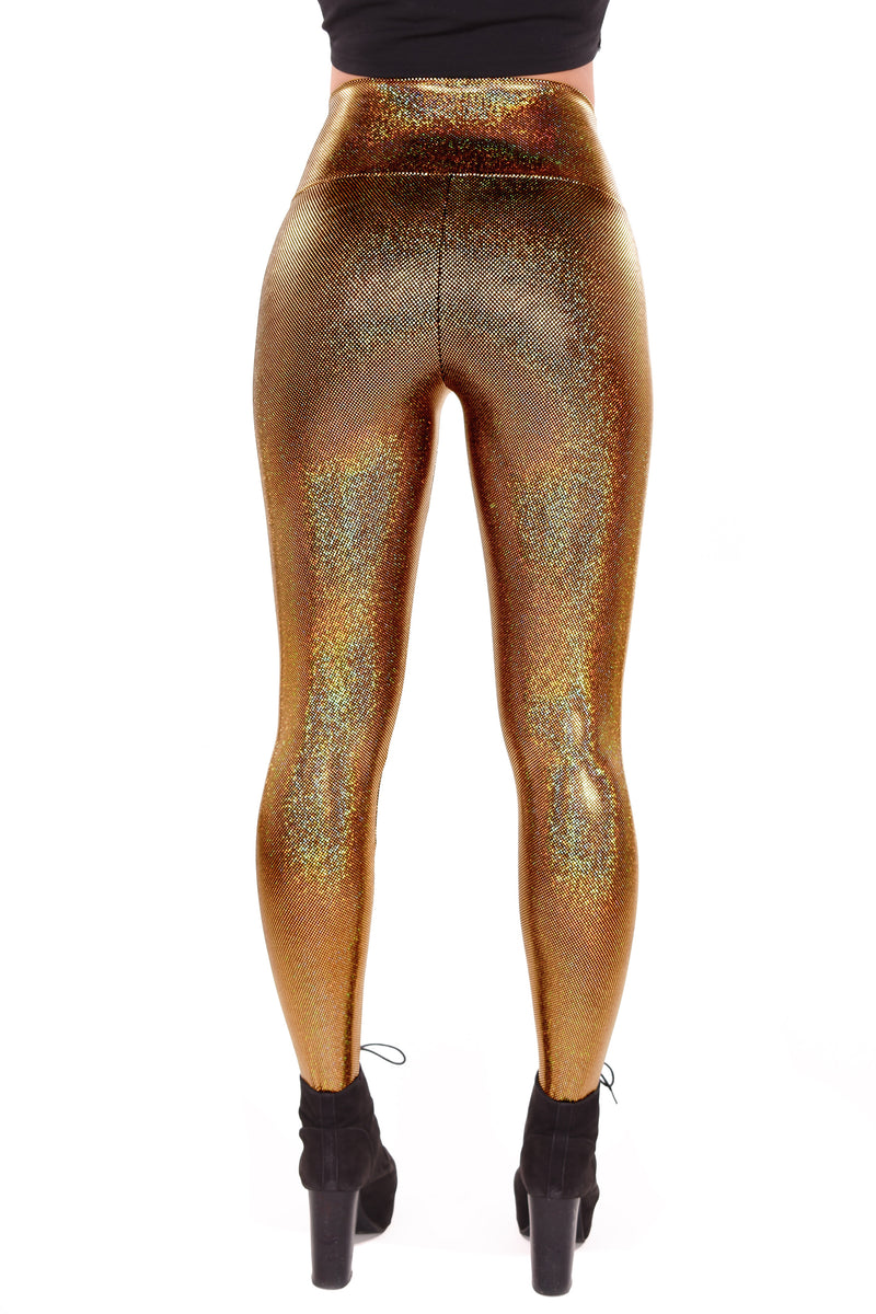 Women's Sparkle Gold Holographic Iridescent Leggings - Disco Dames - Disco Ball