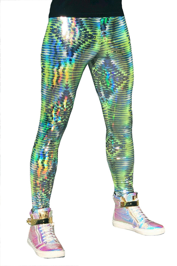 Dazzle Green: Holographic UV Blacklight Reactive Meggings - Abstract Trippy Tribal Print Mens Leggings