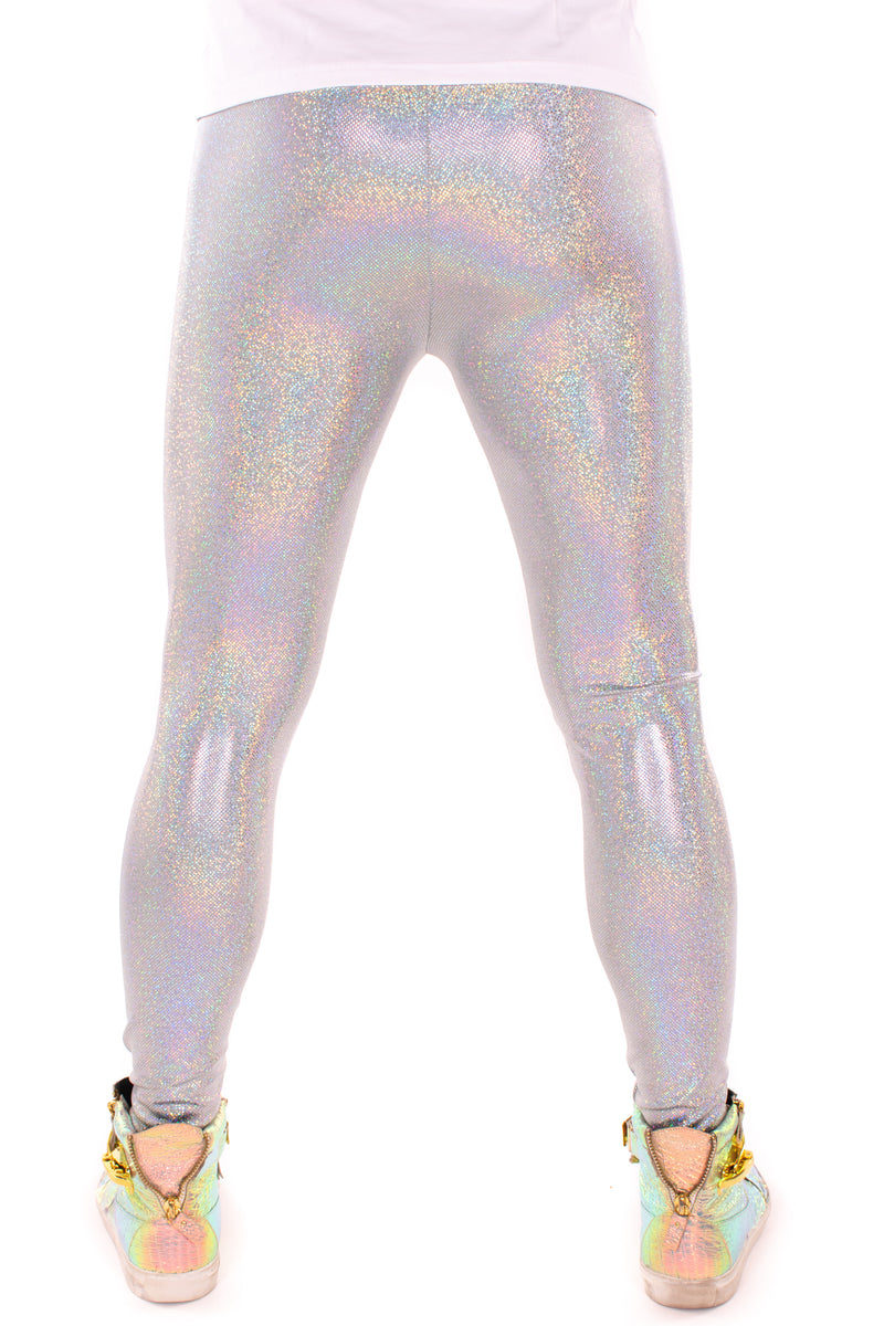 Sparkle Grey Silver Holographic Meggings: Men's Disco Leggings - Festival Clothing For Men