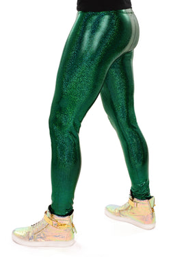 Sparkle Green Holographic Meggings: Men's Disco Leggings - Festival Clothing For Men
