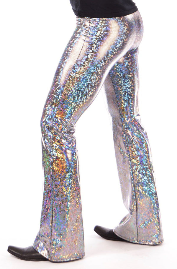 Disco Silver: Holographic Silver Mens Flares - 70's Mens Bell Bottoms