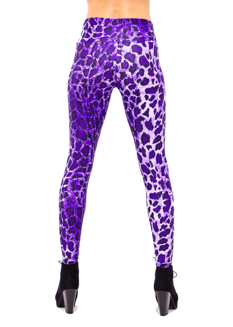 Women's Purple Leopard Print Leggings: UV Black Light Reactive - Pleasantly Purple