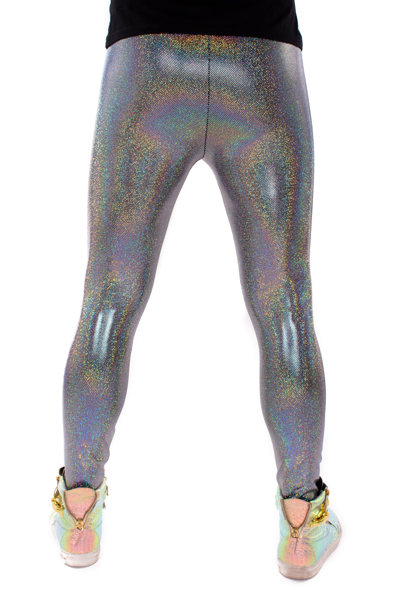 Sparkle Silver Holographic Meggings: Men's Disco Leggings