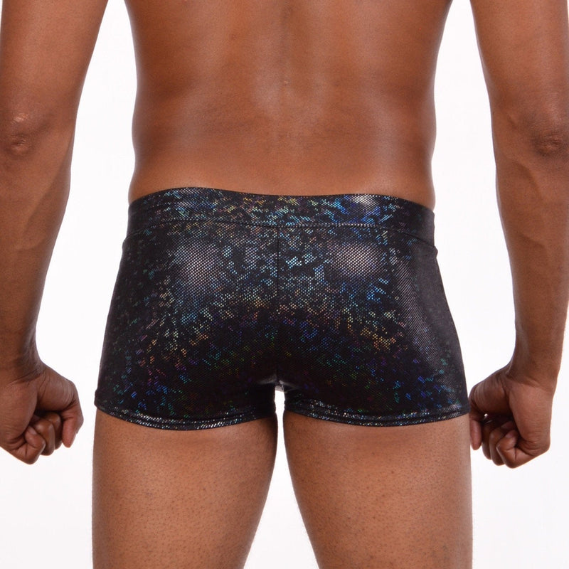 funstigators holographic black mens booty shorts. Cheeky back view. made from high quality black holographic spandex with a comfortable waistband. Great for groove cruise or atlantis cruise