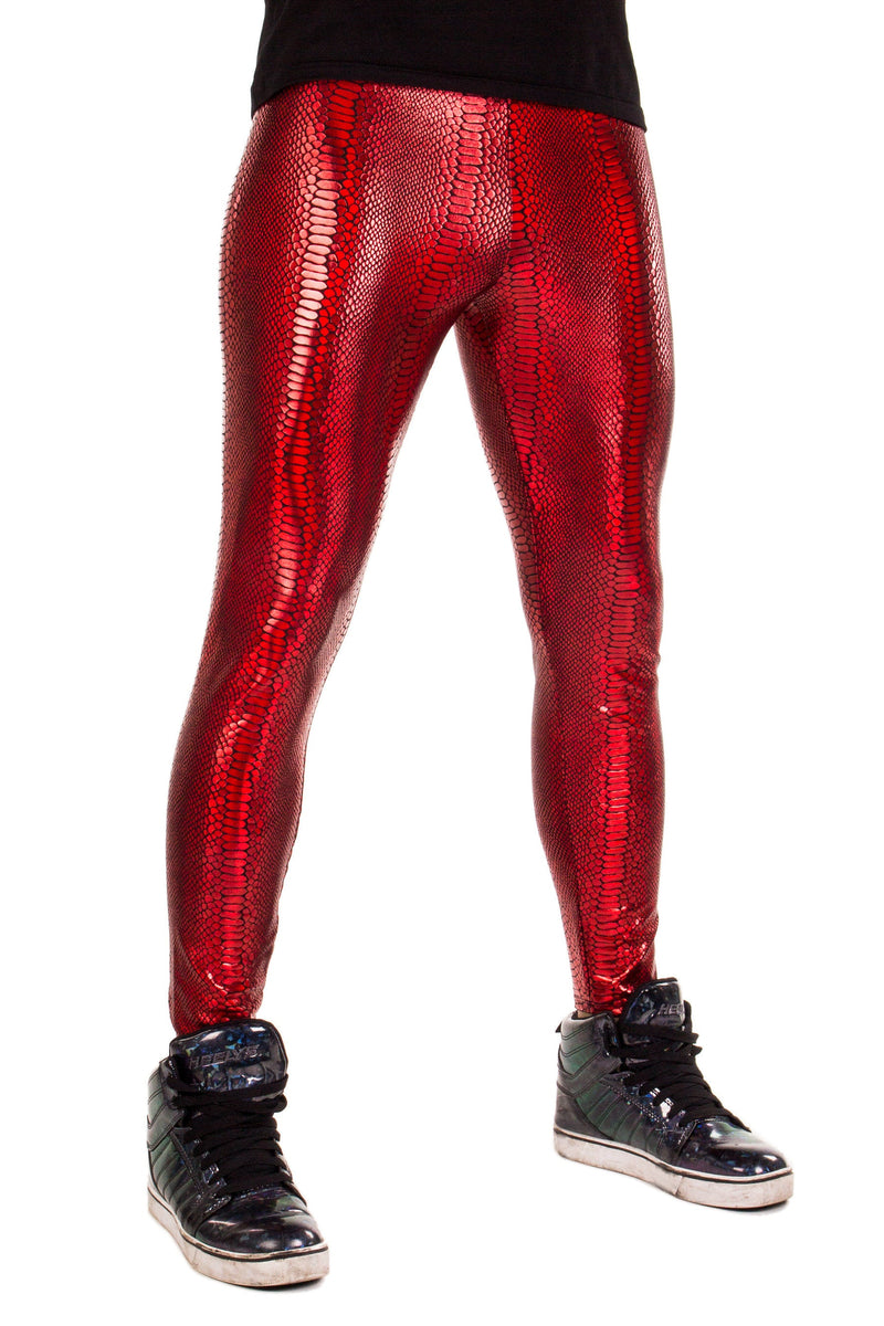 Snake Red: Iridescent Ruby Red Snake Skin Meggings - Men's Leggings & Rave Gear