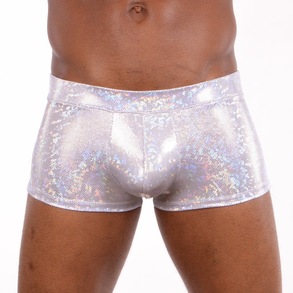Disco White Booty Shorts With Front Pouch - Disco Ball - Made in The USA - Holographic Festival Clothing
