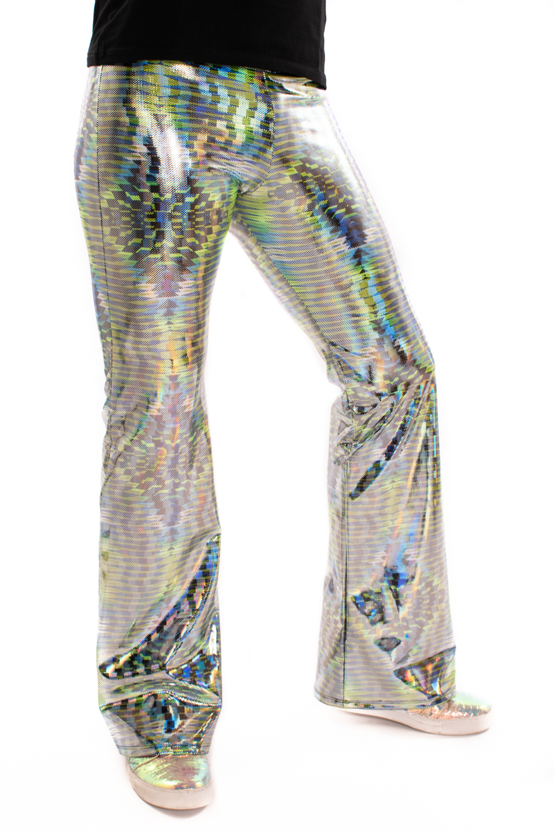 Dazzle Green: UV Blacklight Reactive Men's Holographic Flared Pants - Trippy Tribal Print Bell Bottoms