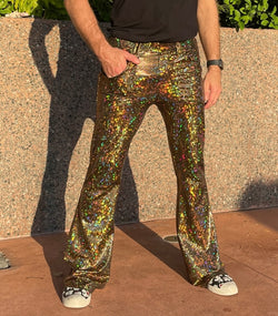 4 Pocket Disco Gold Flare Pants - Gold Disco Ball Men's Holographic Flare Pants // Metallic Mens Bell Bottoms